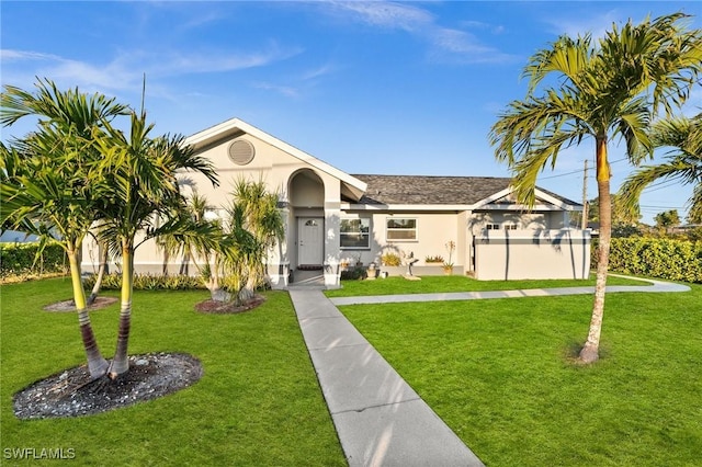 view of front of house with a front yard and an AC wall unit