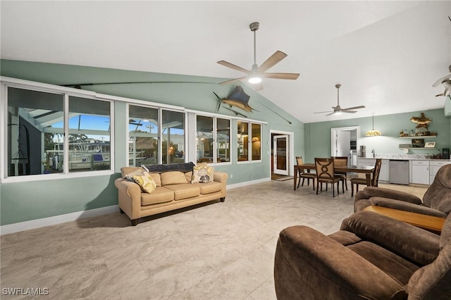 living room with vaulted ceiling and ceiling fan