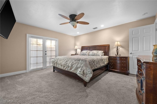 carpeted bedroom featuring access to outside and ceiling fan