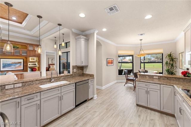 kitchen with sink, pendant lighting, dishwasher, and crown molding