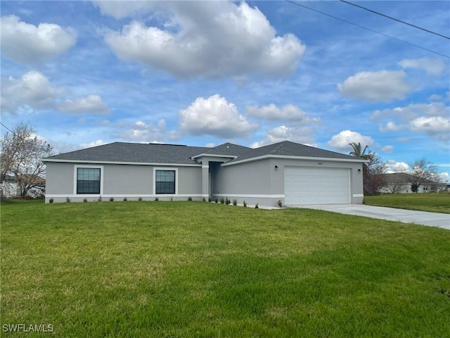 single story home with a front yard and a garage