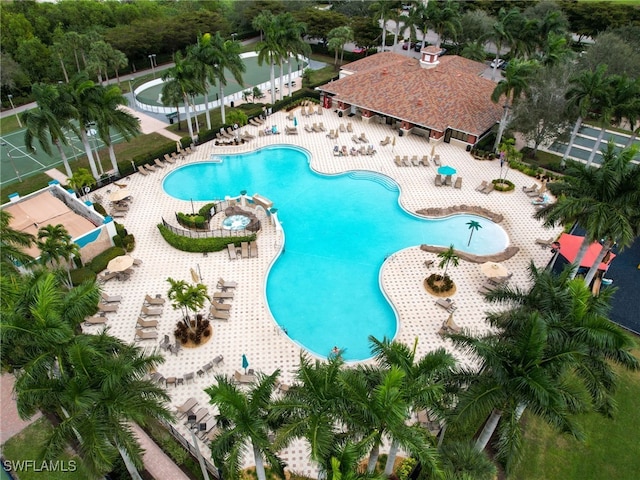 view of swimming pool featuring a patio area