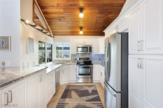 kitchen with decorative backsplash, wood ceiling, stainless steel appliances, white cabinetry, and a sink