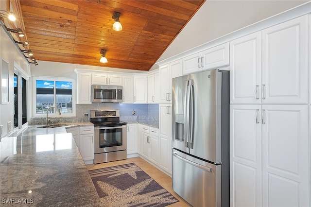 kitchen featuring decorative backsplash, wooden ceiling, stainless steel appliances, white cabinetry, and a sink