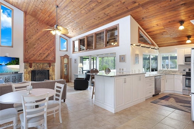 kitchen featuring appliances with stainless steel finishes, open floor plan, a sink, a stone fireplace, and a peninsula