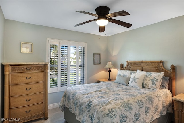 bedroom featuring a ceiling fan and baseboards