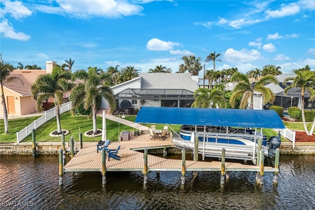 view of dock with glass enclosure, a lawn, a water view, and boat lift