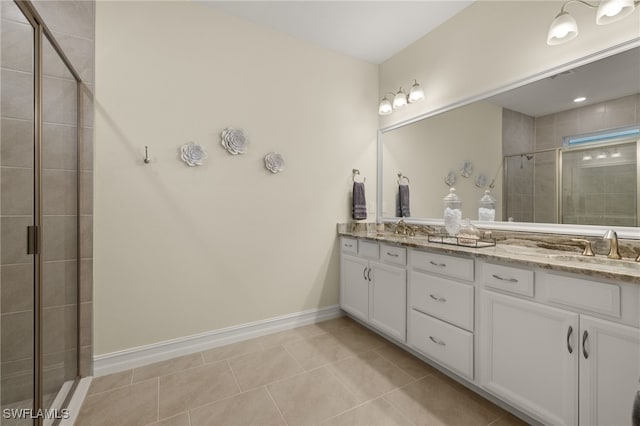 bathroom featuring walk in shower, vanity, and tile patterned flooring