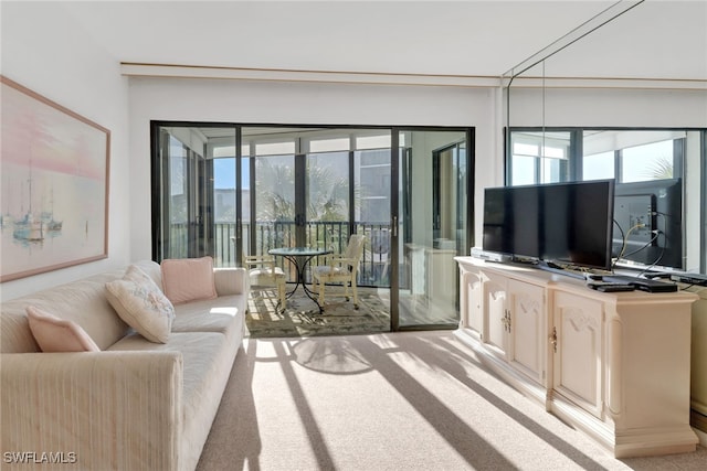 living room with light colored carpet and french doors