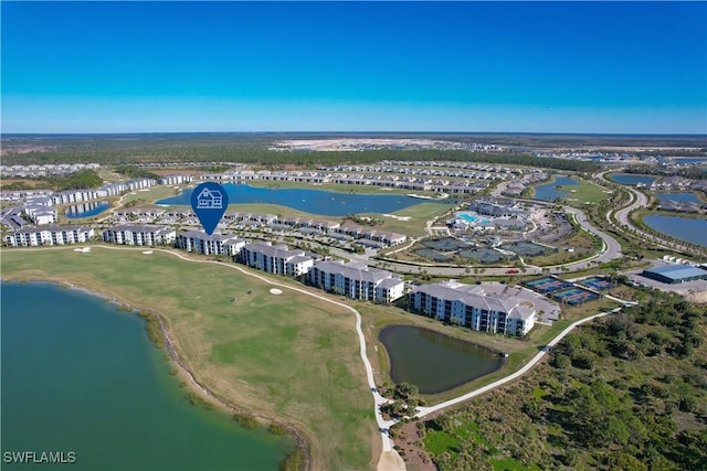 drone / aerial view featuring a water view