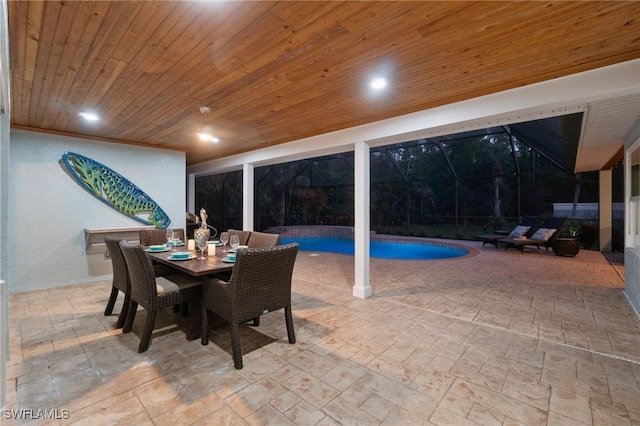 dining area with wood ceiling