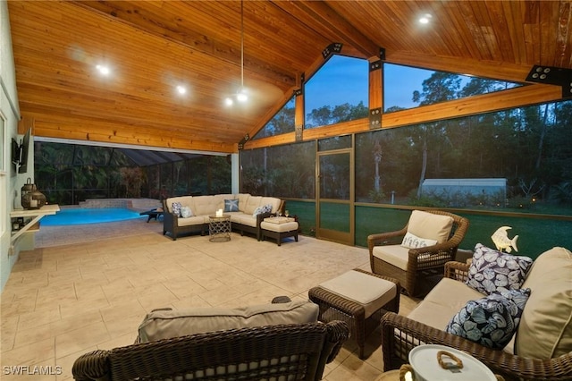 patio terrace at dusk featuring an outdoor hangout area