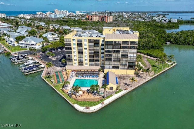 birds eye view of property featuring a water view