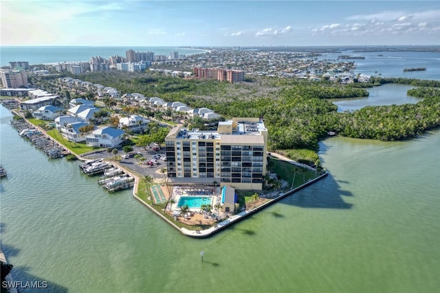 drone / aerial view featuring a water view