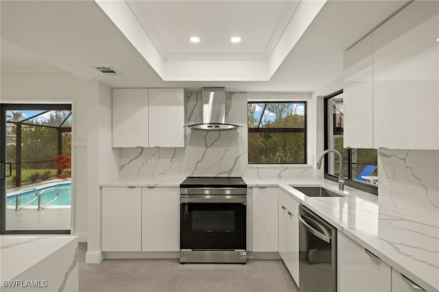 kitchen featuring appliances with stainless steel finishes, wall chimney range hood, white cabinets, sink, and a tray ceiling