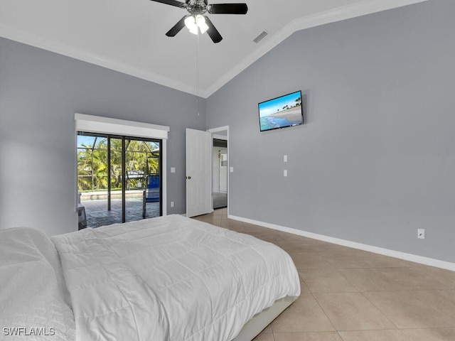 tiled bedroom with vaulted ceiling, ceiling fan, ornamental molding, and access to outside