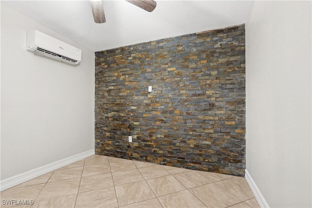 tiled empty room with ceiling fan and an AC wall unit