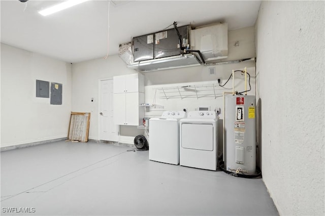 laundry room with washer and clothes dryer, electric panel, and electric water heater