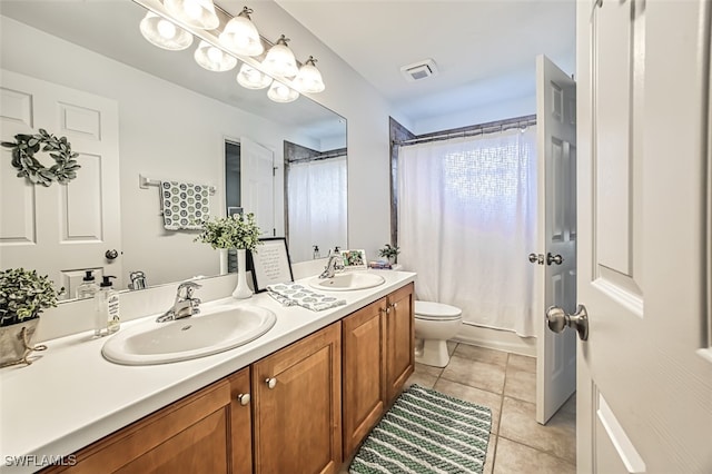 full bathroom with toilet, tile patterned flooring, shower / bathtub combination with curtain, and vanity