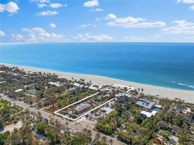 bird's eye view with a view of the beach and a water view