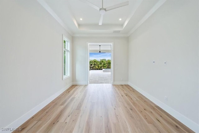 unfurnished room with light hardwood / wood-style floors and a raised ceiling