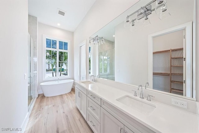 bathroom featuring shower with separate bathtub, hardwood / wood-style floors, and vanity