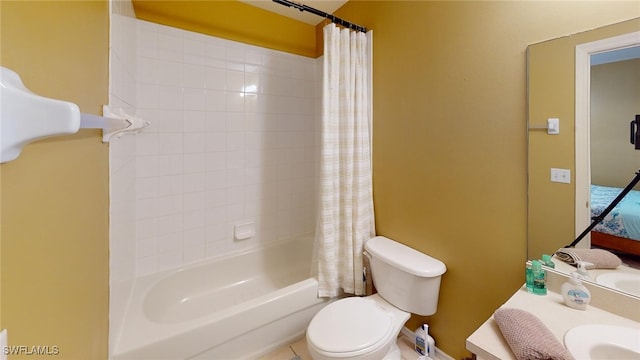 full bathroom with toilet, vanity, and shower / bathtub combination with curtain