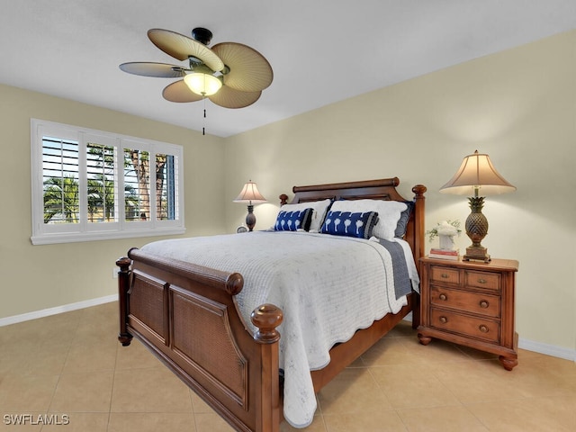 bedroom featuring light tile patterned floors and ceiling fan