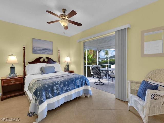 tiled bedroom featuring ceiling fan and access to outside