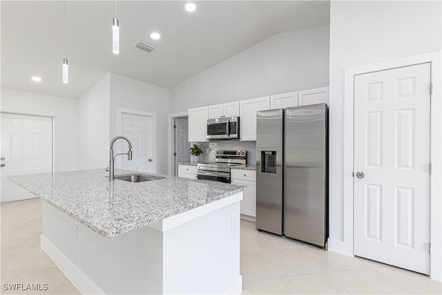 kitchen featuring sink, hanging light fixtures, a center island with sink, stainless steel appliances, and white cabinets