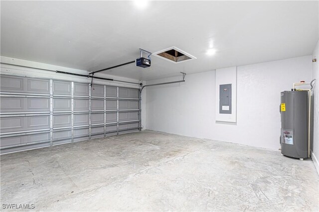 garage with a garage door opener, electric panel, and water heater