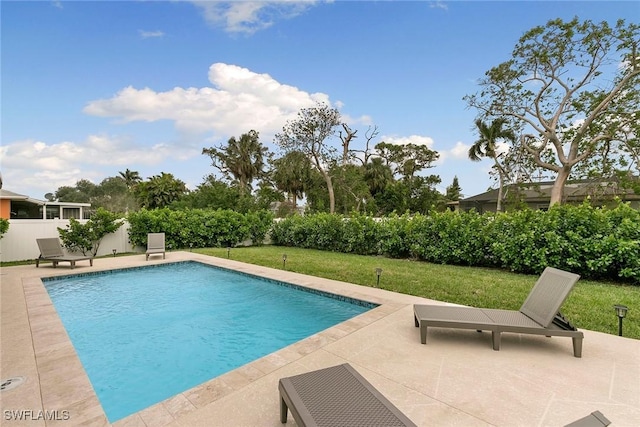 view of pool with a patio area and a lawn