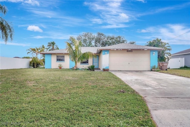 ranch-style home with a garage and a front yard