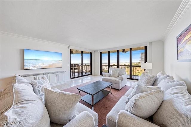 living room with expansive windows and ornamental molding