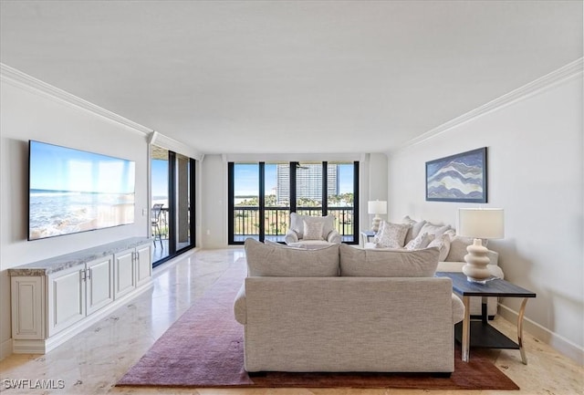 living room featuring expansive windows and crown molding