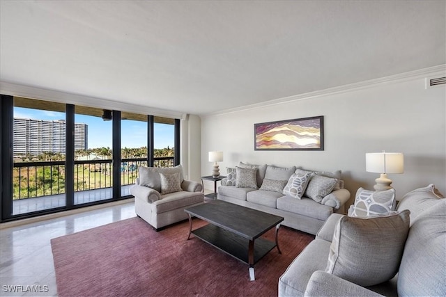 living room featuring floor to ceiling windows and crown molding