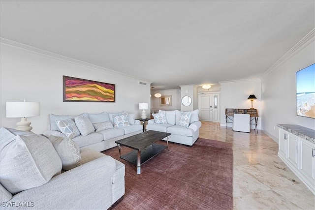 living room with crown molding