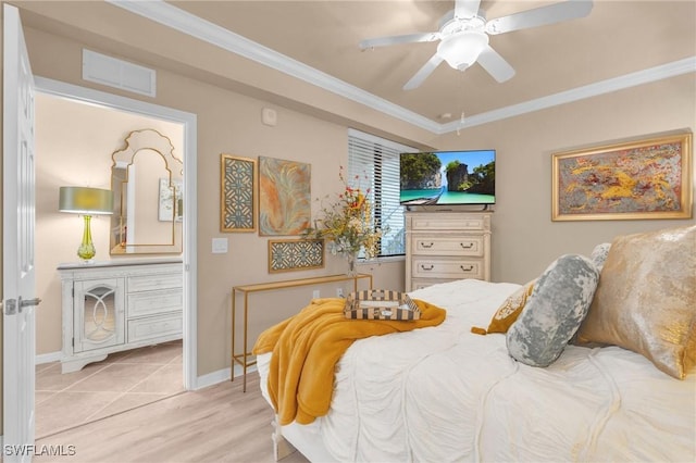 tiled bedroom featuring crown molding and ceiling fan