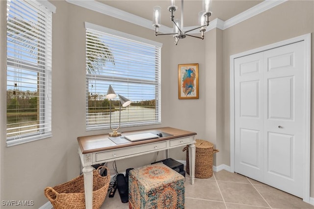 tiled home office with crown molding and a chandelier