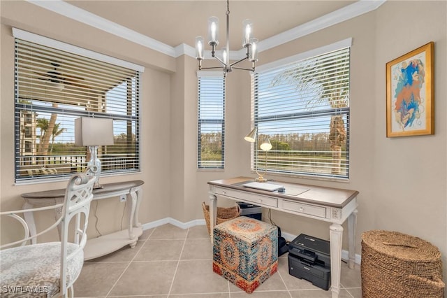 home office featuring light tile patterned floors, ornamental molding, and a chandelier