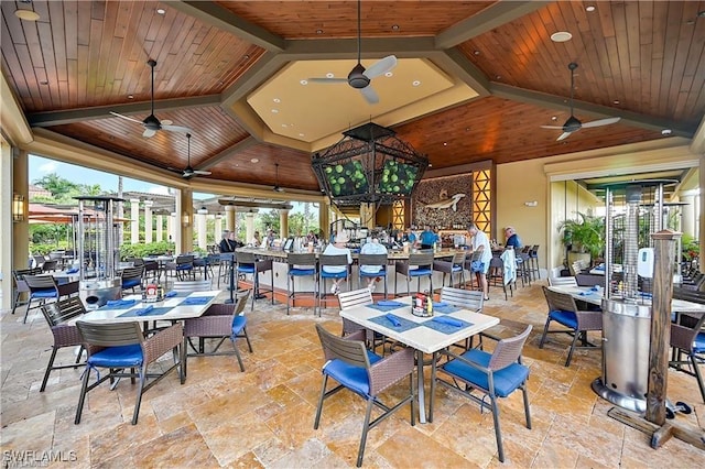 dining space with wood ceiling and ceiling fan