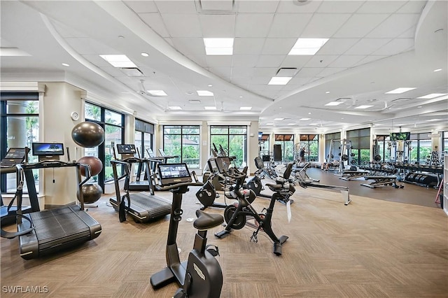 exercise room with light colored carpet and a drop ceiling