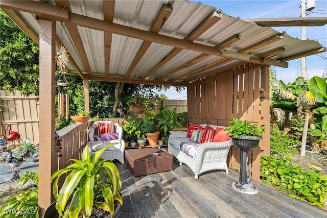 view of patio featuring an outdoor hangout area and a deck