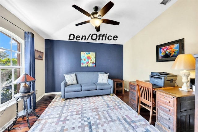 office area with dark wood-type flooring and ceiling fan