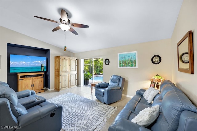 tiled living room with vaulted ceiling and ceiling fan