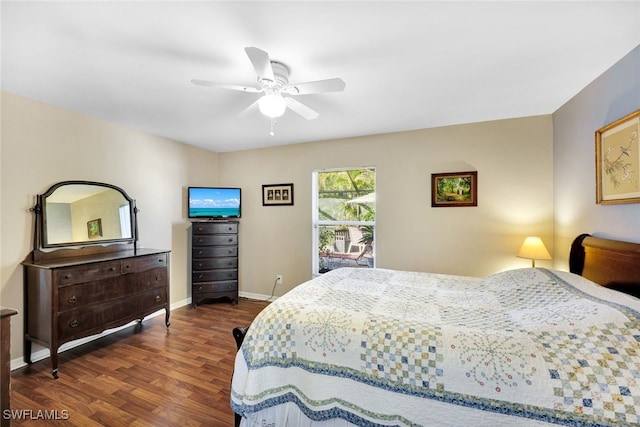 bedroom featuring ceiling fan and dark wood-type flooring