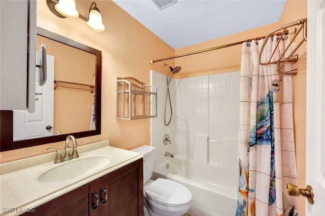 full bathroom with vanity, toilet, and shower / bathtub combination with curtain