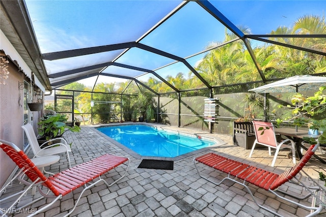 view of swimming pool with a lanai and a patio