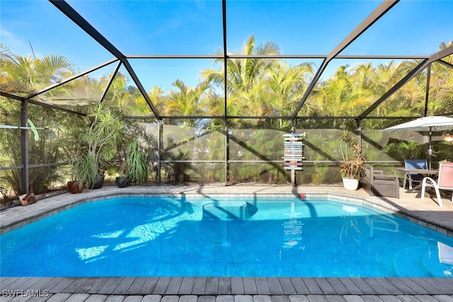 view of pool with a patio and glass enclosure