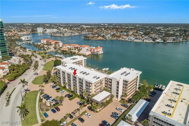 bird's eye view with a water view